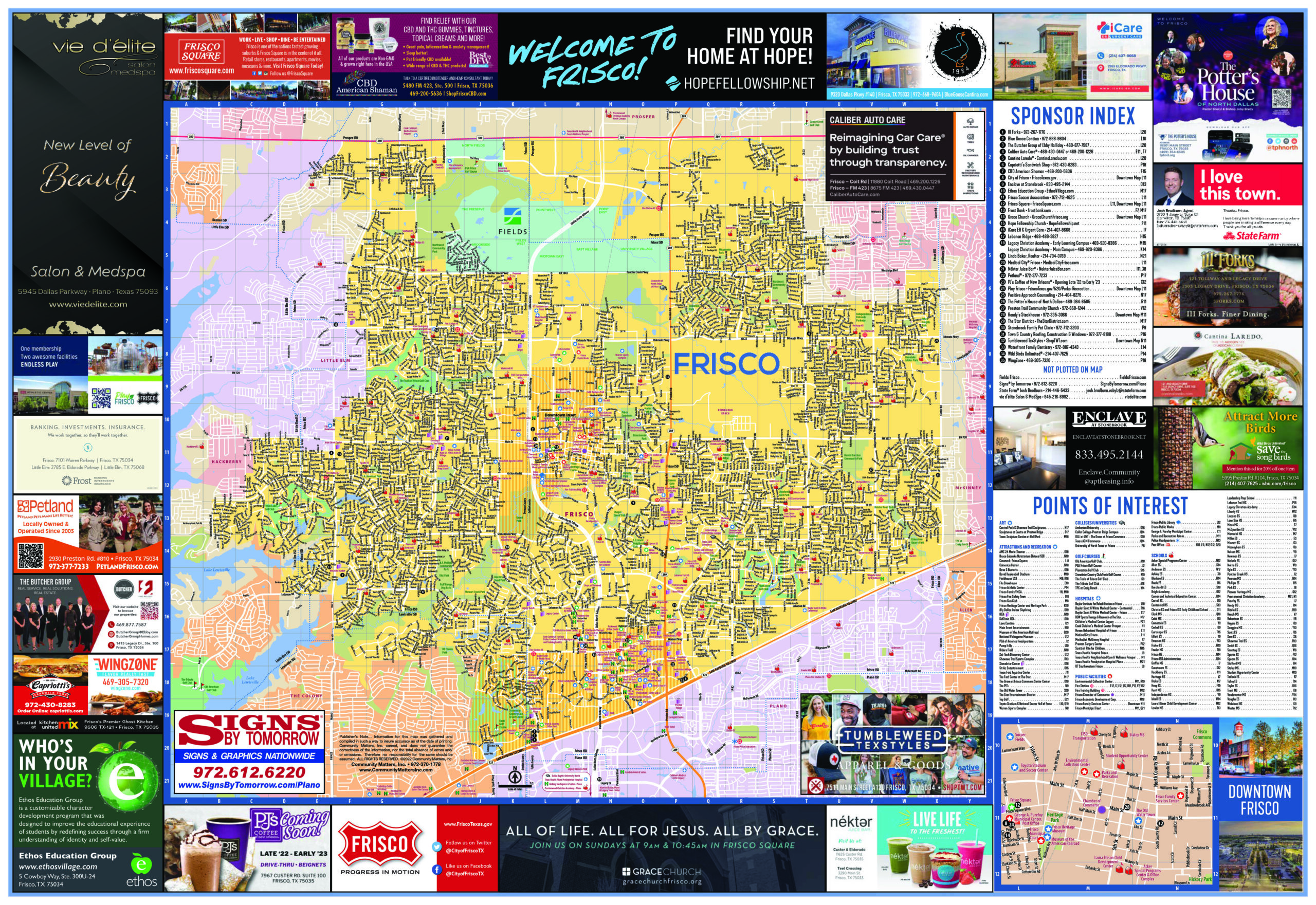 Detailed street map of Frisco, TX with business advertisements around the border.